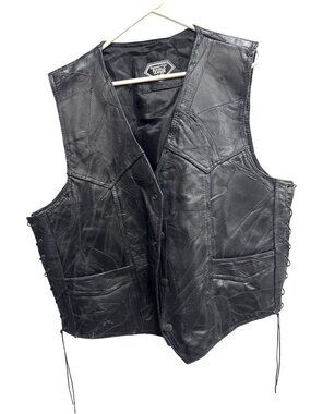 Diamond Plate Buffalo Leather Vest With Side Laces & Snap Buttons